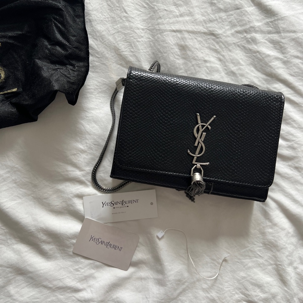 Y S L embossed croc crossbody bag